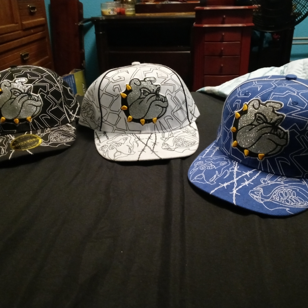 Set of three Bulldog hats blue black and white sna